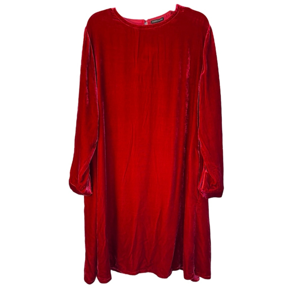 Eileen Fisher XL Viscose Silk Velvet Ruby Red Crew Neck‎ Knee Length Dress NWT